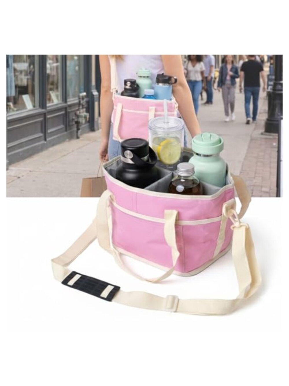 Insulated 4-Compartment Drink Carrier Tumbler Caddy with Strap